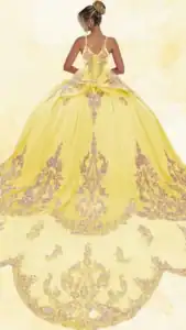 This stunning yellow quinceañera dress features a sweetheart neckline with delicate spaghetti straps and a fitted bodice that flows into a full, voluminous skirt. The fabric is adorned with intricate gold embroidery, showcasing elegant patterns and designs throughout the hemline and train. The vibrant yellow is complemented by the shimmering gold detailing, creating a luxurious and eye-catching look ideal for a special celebration.