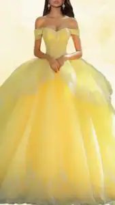 The dress features a vibrant lemon-yellow hue with an off-the-shoulder neckline and delicate lace detailing. Its voluminous ball gown silhouette includes a full, flowing skirt, accentuated by a scalloped hemline adorned with intricate silver embroidery. The combination of the soft yellow fabric and ornate embellishments creates a stunning and elegant Quinceañera look.