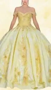 This yellow quinceañera dress features an off-the-shoulder neckline with ruffled sleeves and a fitted bodice adorned with intricate floral embroidery in shades of gold and sparkling sequins. The voluminous skirt flows to the floor, accentuated by a dazzling sheen and additional delicate floral embellishments throughout, creating a whimsical and elegant look perfect for a celebration. The soft, pastel yellow hue enhances the overall light and airy aesthetic of the gown.