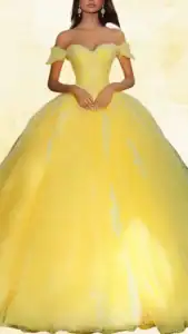 The dress features a vibrant yellow color with a sweetheart neckline and elegant off-the-shoulder sleeves. Its voluminous ball gown silhouette is adorned with intricate silver lace detailing cascading down the bodice and onto the tulle skirt. The skirt has a floor-length hemline, creating a dramatic, princess-like effect, perfect for a Quinceañera celebration.