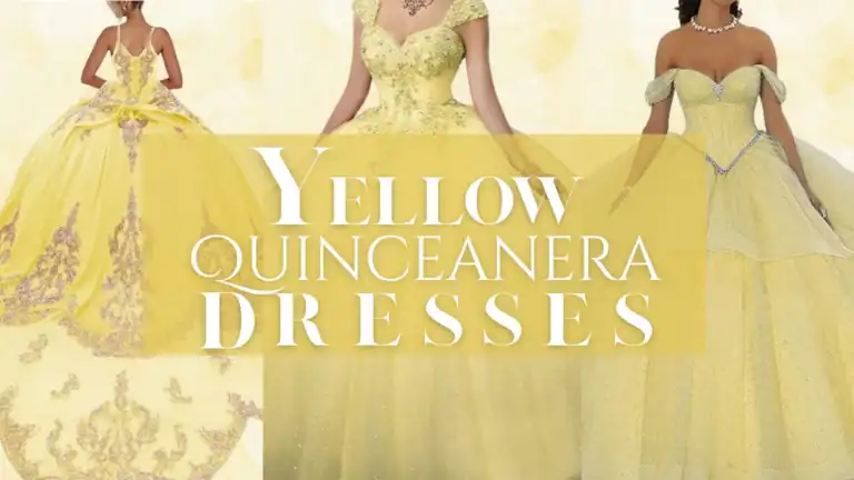 The image showcases a collection of yellow Quinceañera dresses featuring a range of styles. One dress has a sweetheart neckline with embellished details, a fitted bodice, and a voluminous skirt adorned with intricate patterns, while another features off-shoulder sleeves and delicate glitter accents. The dresses exhibit various shades of yellow, from a soft pastel to a bold golden hue, enhancing their luxurious appearance.