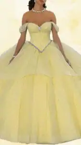 The dress features a sweetheart neckline and off-the-shoulder sleeves, accentuating the bodice with a structured design adorned with delicate beading. The voluminous skirt is a layered A-line style, flowing elegantly to the floor, and is made of a shimmering, soft yellow fabric that captures light beautifully. A decorative rhinestone belt cinches the waist, adding a touch of sparkle to the overall look.