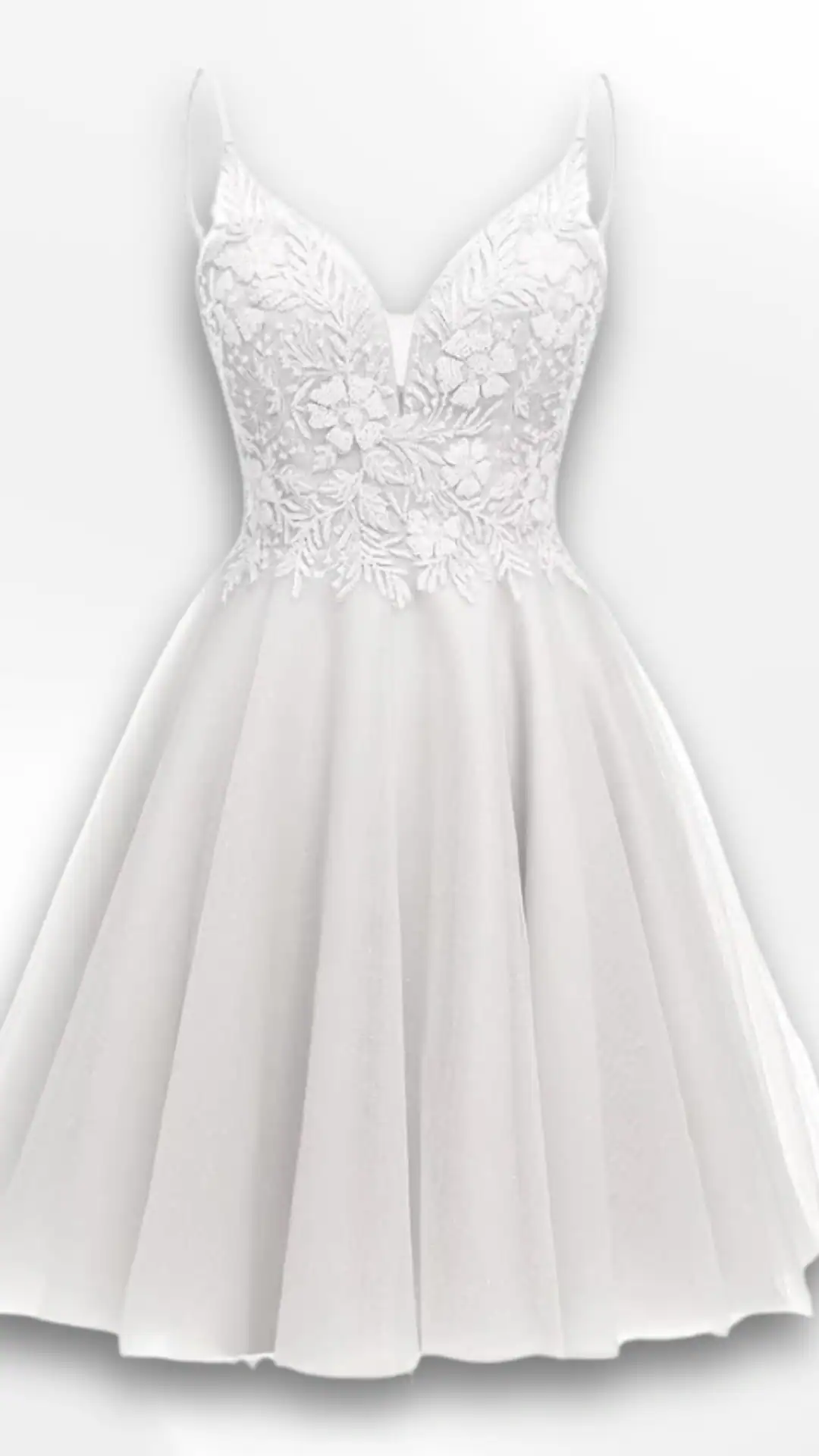 This youthful homecoming dress features a fitted, intricately embroidered bodice with a plunging V-neckline, accentuated by delicate floral lace in a soft white hue. The flowing, knee-length skirt offers a playful silhouette, creating an ethereal vibe perfect for formal events and school dances, making it ideal for teenage girls.